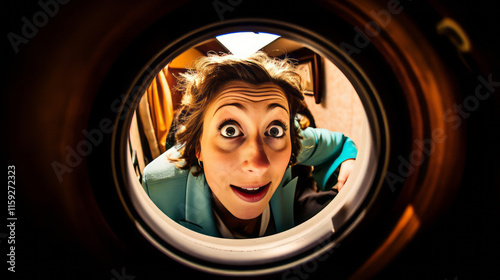 A funny relative looks through the peephole and rings the doorbell, creating a funny moment of a family visit. The concept of humor in family ties and traditions of hospitality