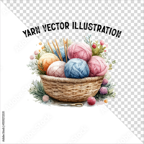 A clipart of knitting needles and yarn with basket. Skein of yarn with knitting needles
