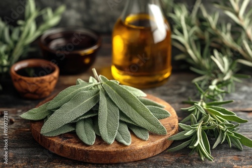 Fresh sage leaves arranged on a cutting board, accompanied by a bottle of olive oil
