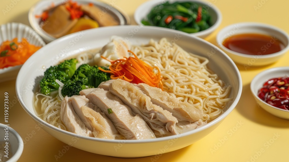 Chicken noodle soup bowl and various side dishes. Chicken noodle soup bowl and various side dishes.