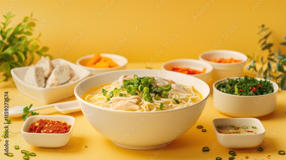 Chicken noodle soup with various toppings on a yellow backdrop. Chicken noodle soup with various toppings on a yellow backdrop.