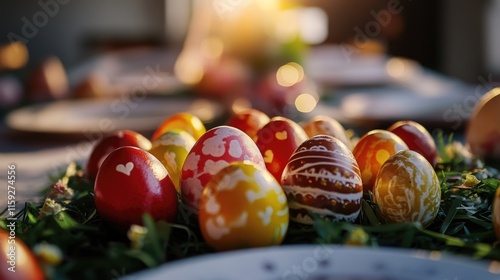 A colorful Easter egg display on a table photo