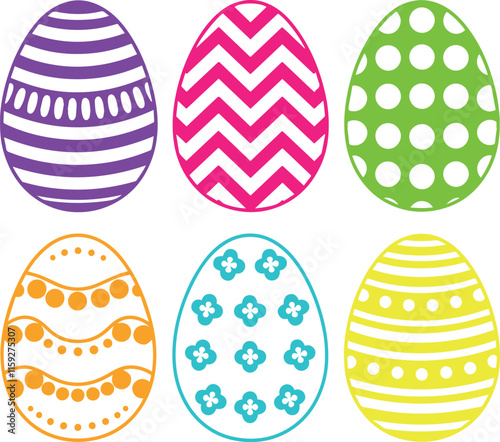 Set of Colorful Easter eggs with different textures on a white background