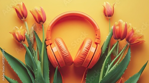 Vibrant orange headphones wrapped in aloe vera and delicate tulips, with leaves and blooms emerging from the structure.