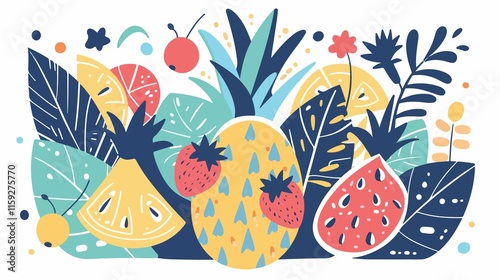 Tropical Pineapple Fruits with Leaves Flat Color Vector