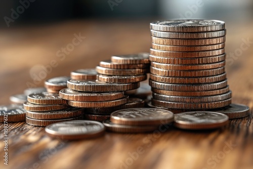 A pile of coins sits atop a wooden table, ready for counting or storing photo