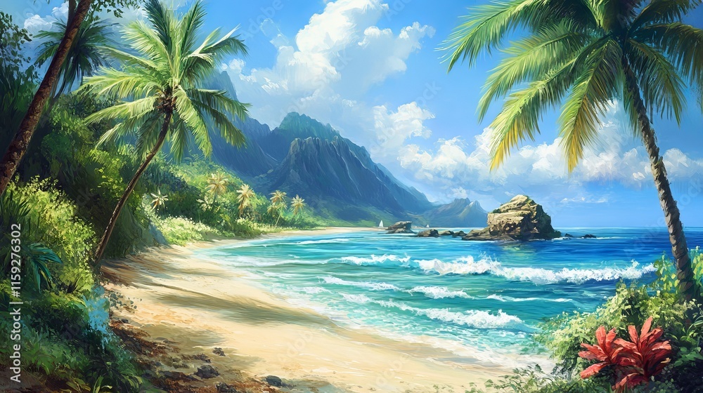 Serene tropical paradise island beach landscape with pristine sandy shore, crystal-clear turquoise waters, lush green palm trees, and vibrant blue sky