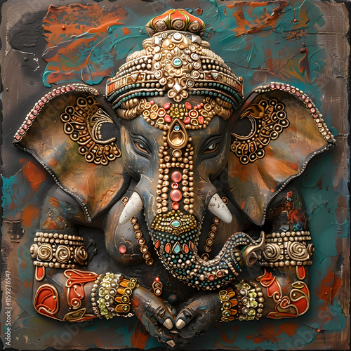 This vibrant portrayal of Ganesha is adorned with intricate details and deep cultural significance, making it a valuable addition to both spiritual and artistic collections