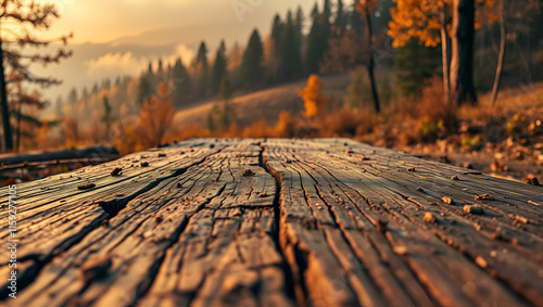 Ground level angle view, surface of rough-cut cedar, with a cinematic surrounding of misty autumn hills, warm orange lighting, and soft brown hues, showcasing copy space, ad promo template photo