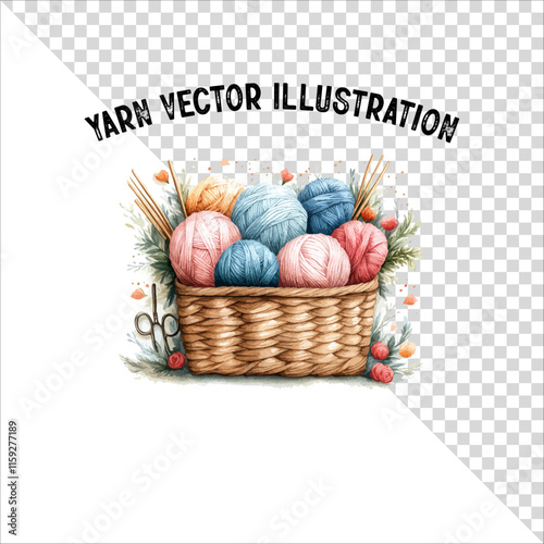 A clipart of knitting needles and yarn with basket. Skein of yarn with knitting needles