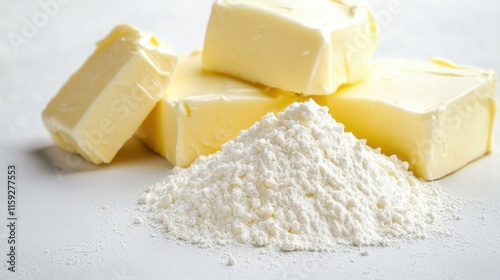 Closeup of white powder and butter on table culinary scene