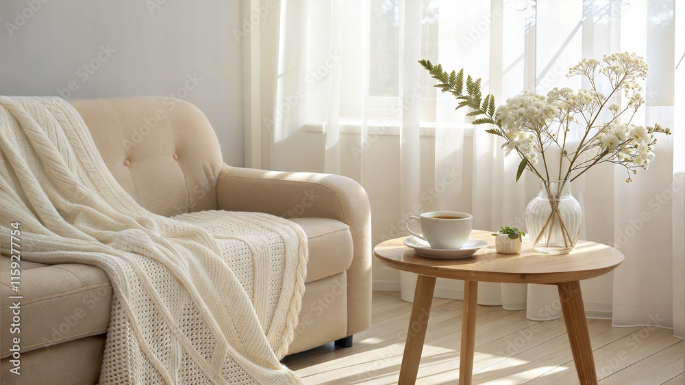 Naklejka premium Bright living room with cozy sofa, coffee cup, and flowers on wooden table