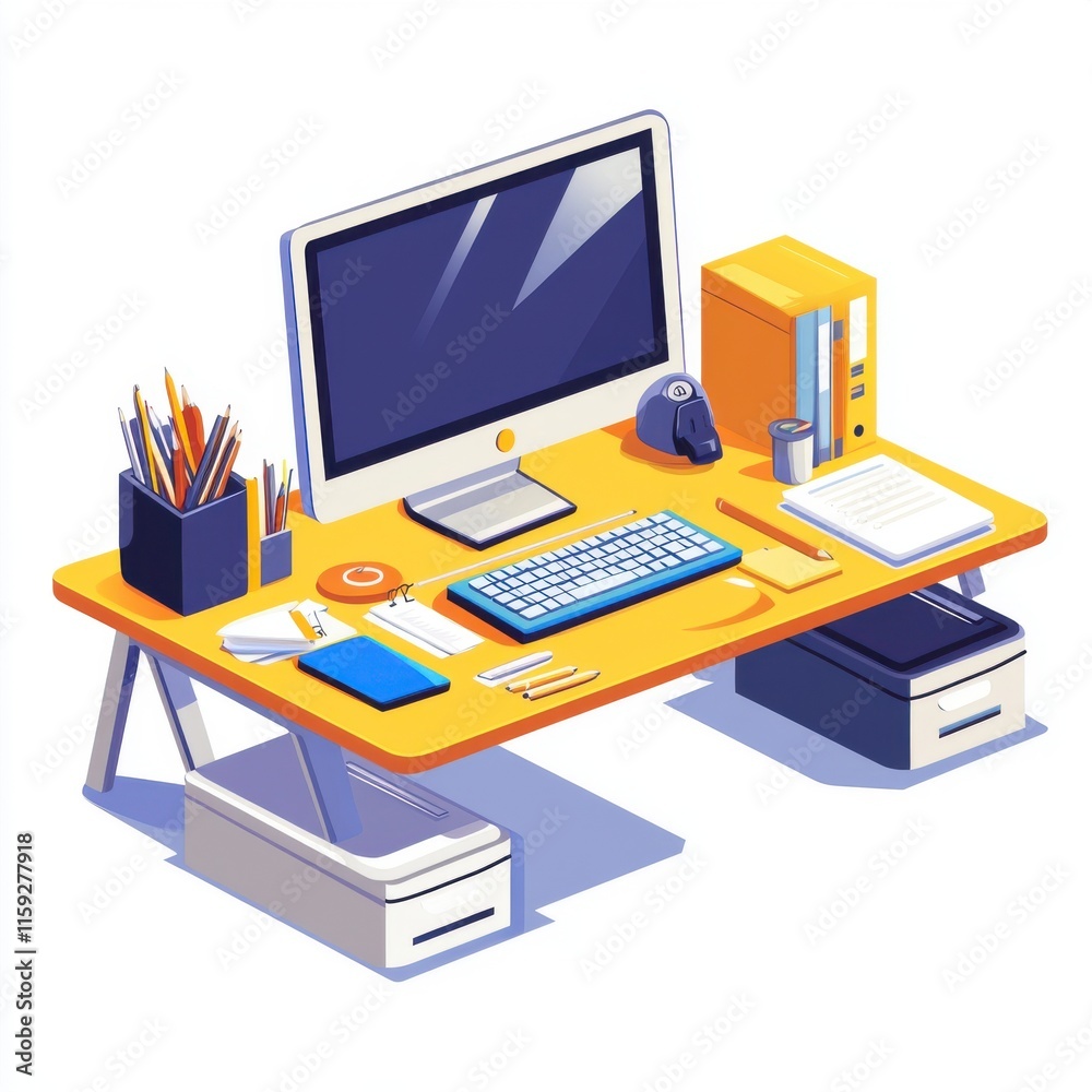 A vibrant, modern workspace featuring a computer, stationery, and organized supplies on a bright yellow desk. A vibrant, modern workspace featuring a computer, stationery, and organized supplies on a bright yellow desk.