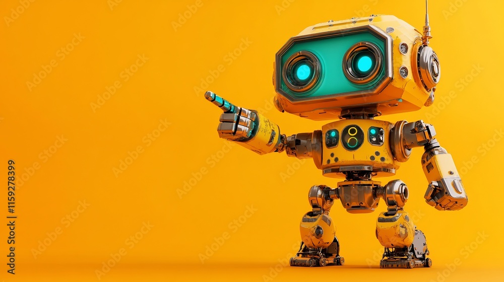 Cute yellow robot pointing finger, isolated on orange background. Cute yellow robot pointing finger, isolated on orange background.