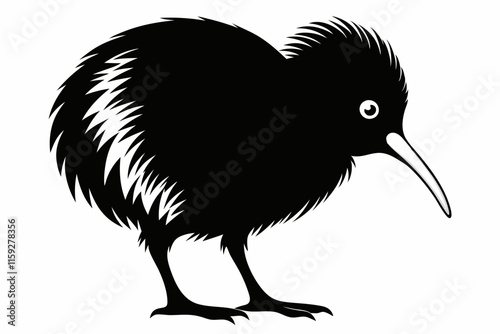 Black silhouette kiwi bird icon and vector illustration.  A kiwi bird with a long beak is drawn on a white background
