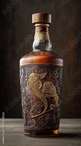 Ornate Leather Wrapped Decanter With Golden Bird Design