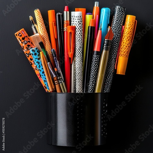 Colorful assortment of pens and markers in a black holder against a dark background. photo