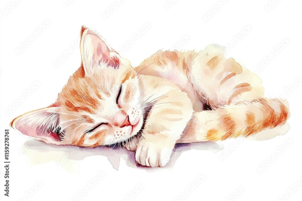 Fototapeta A watercolor painting of a cat sleeping on its side