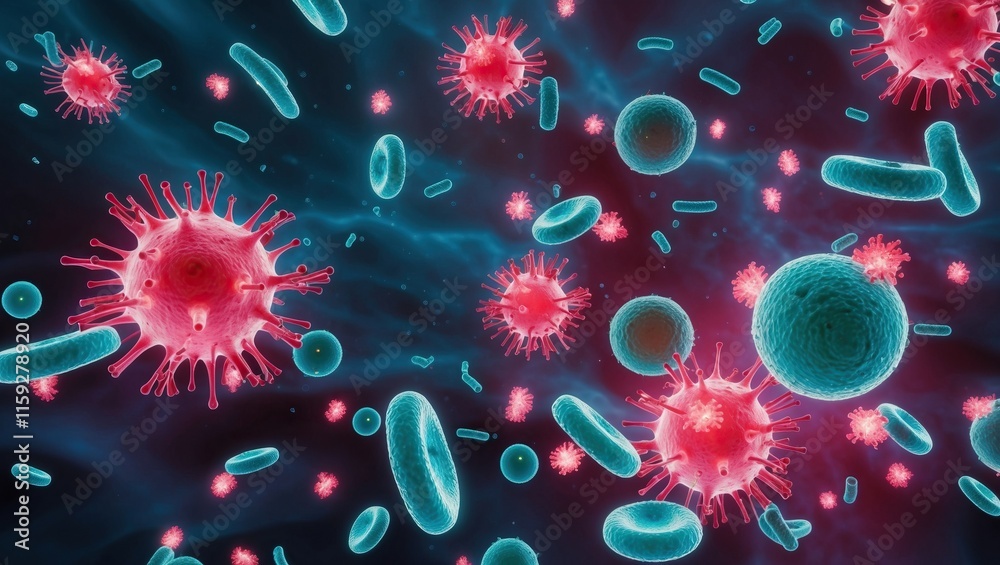 Vibrant depiction of bacteria and viruses illustrating microscopic life and health concepts in a dynamic, scientific environment Vibrant depiction of bacteria and viruses illustrating microscopic life and health concepts in a dynamic, scientific environment