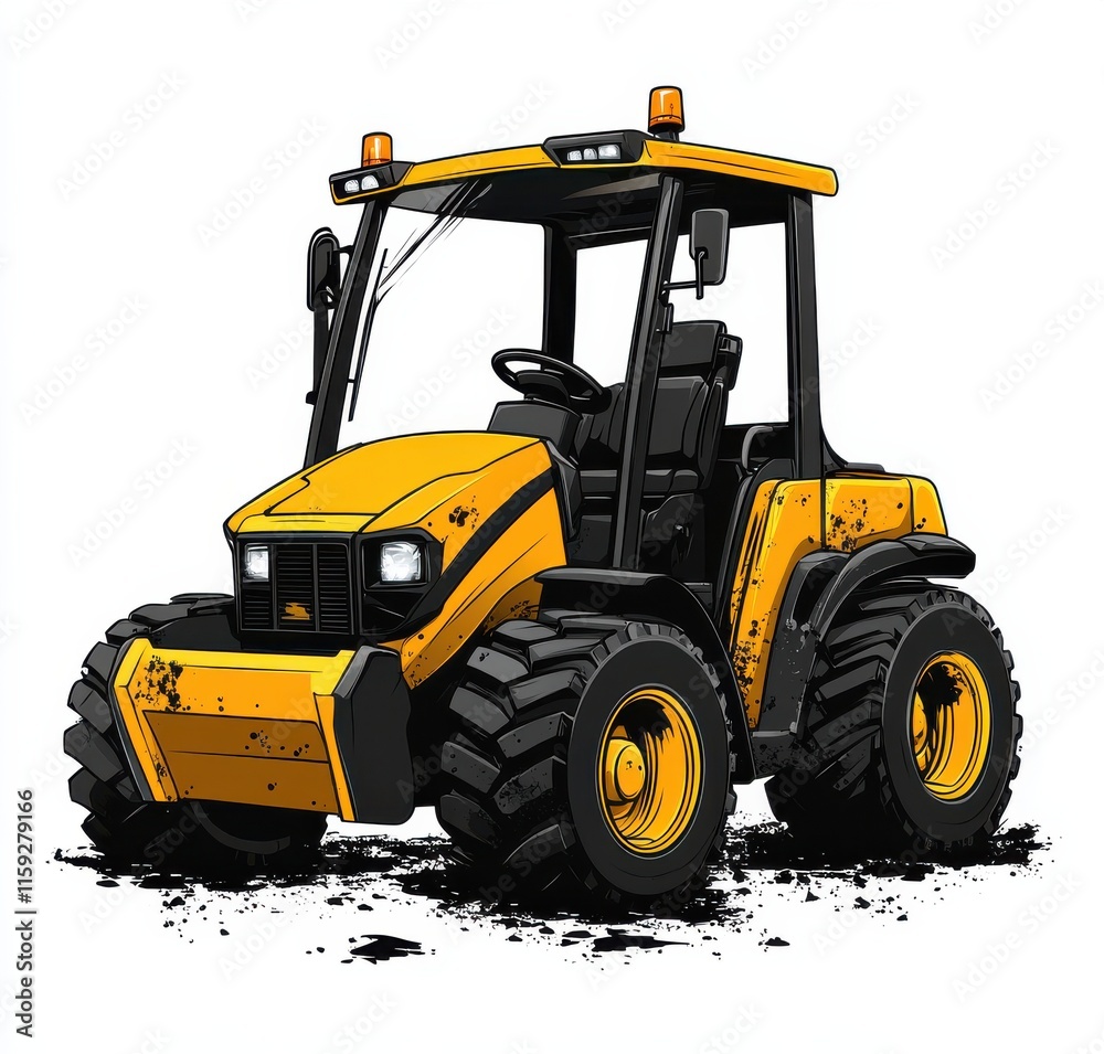 Yellow Skid-Steer Loader with Rugged Tires in Illustration Style Yellow Skid-Steer Loader with Rugged Tires in Illustration Style