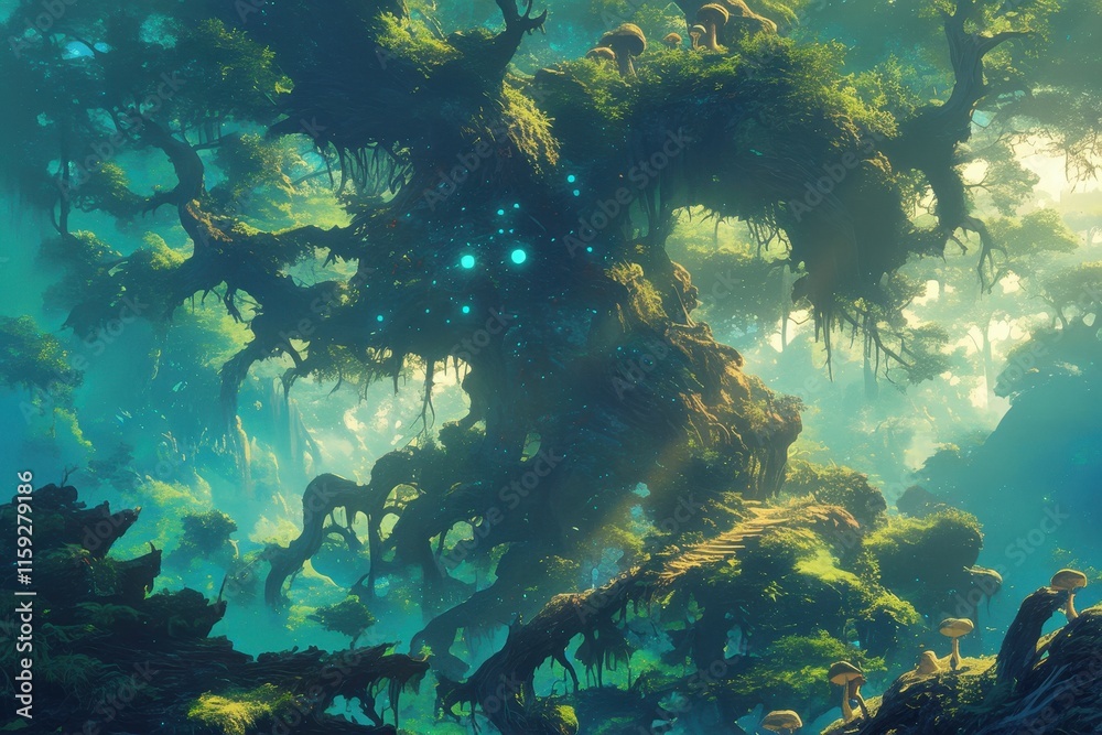 Fototapeta premium A mystical forest scene with a giant tree and glowing elements.