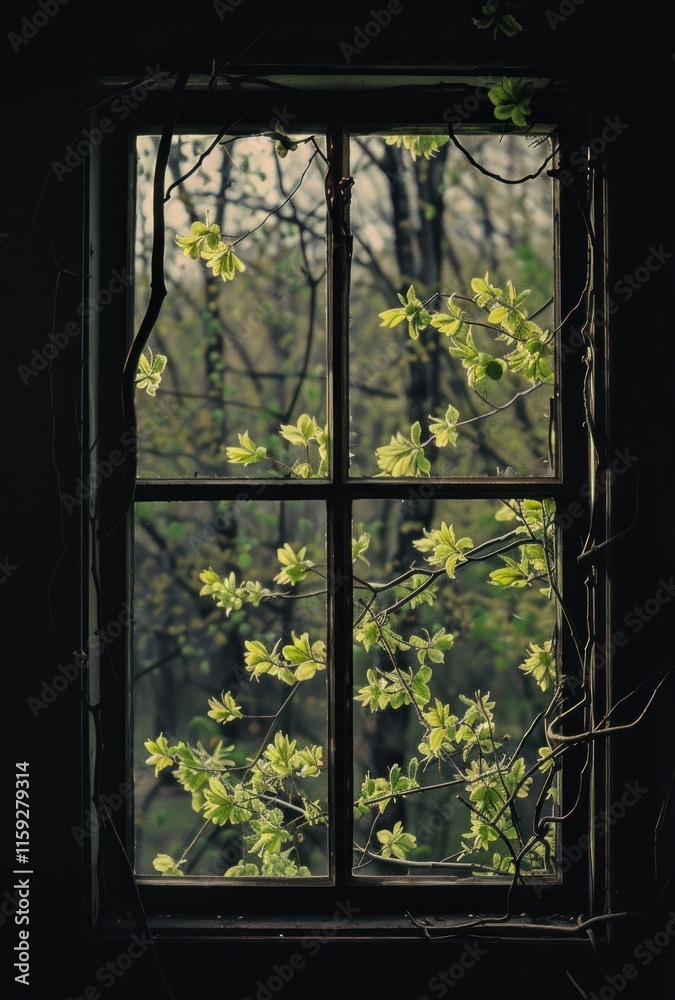 Fototapeta premium View through an old window with vines and bright green leaves.