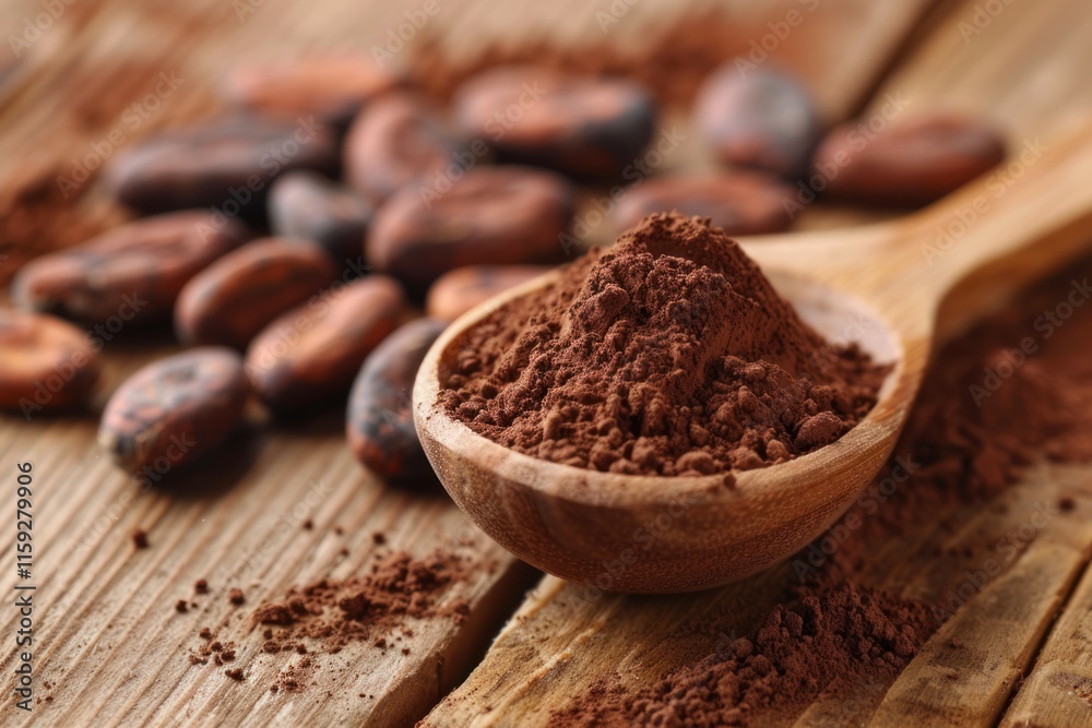 Cocoa powder on a spoon with cacao beans on wood background. Cocoa powder on a spoon with cacao beans on wood background.