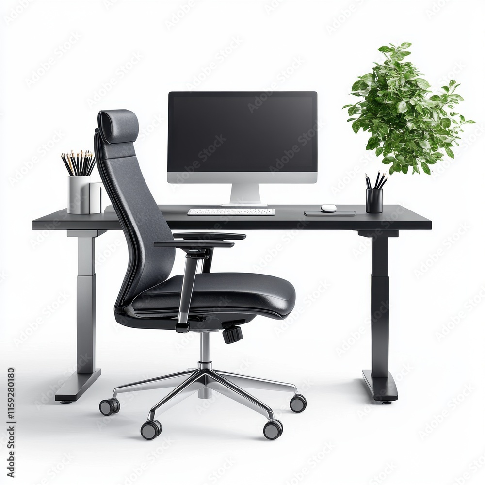 Modern black office desk setup featuring an ergonomic chair and computer, with greenery for a fresh touch. Modern black office desk setup featuring an ergonomic chair and computer, with greenery for a fresh touch.