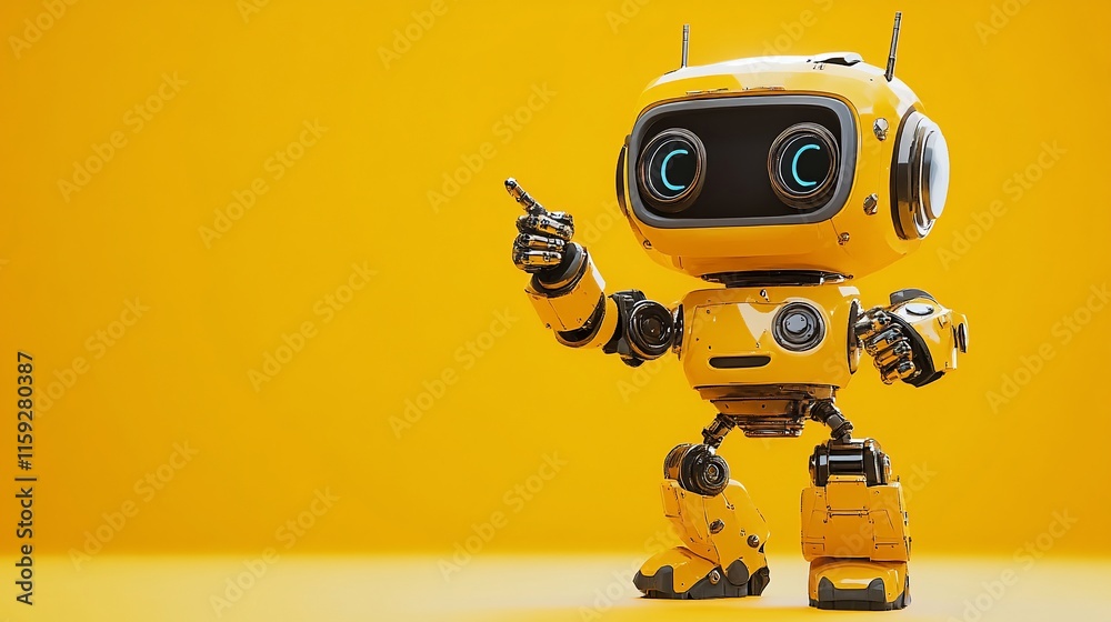 Cute yellow robot pointing, on yellow background. Cute yellow robot pointing, on yellow background.