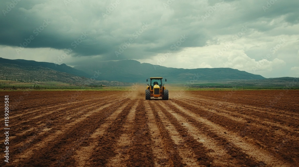 Fototapeta premium Agricultural Landscape with Tractor in Overcast Setting