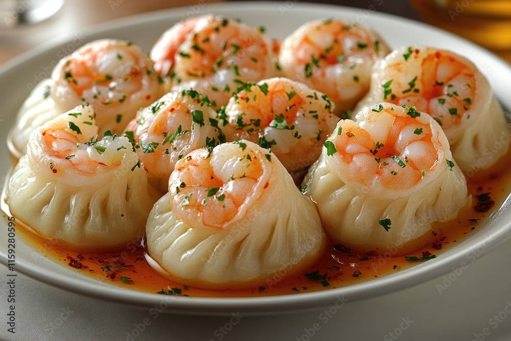 A close-up shot of a white plate topped with steamed dumplings smothered in savory sauce A close-up shot of a white plate topped with steamed dumplings smothered in savory sauce