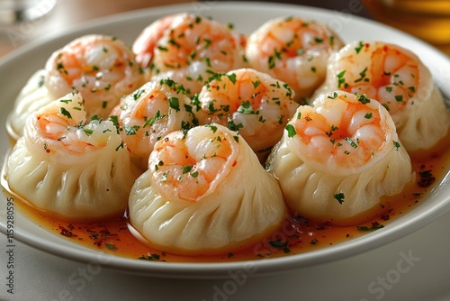 A close-up shot of a white plate topped with steamed dumplings smothered in savory sauce photo