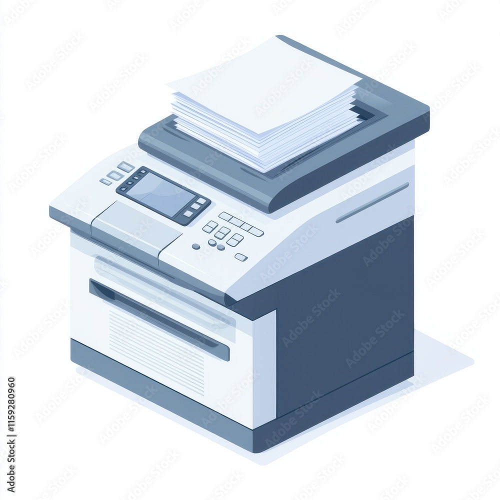 A modern multifunction printer with a stack of printed papers on top, showcasing its advanced features and sleek design. A modern multifunction printer with a stack of printed papers on top, showcasing its advanced features and sleek design.