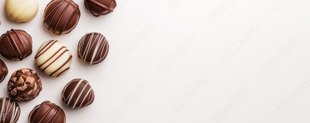 Minimal chocolates concept. Delicious assorted chocolates arranged on a white background for a tempting treat. Minimal chocolates concept. Delicious assorted chocolates arranged on a white background for a tempting treat.