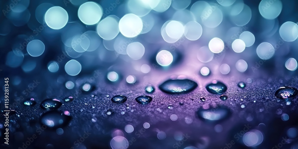 Abstract blurry background with bokeh lights and sparkling water drops on a dark blue background.