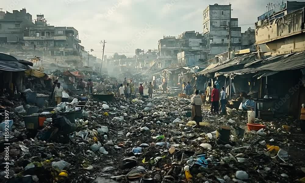 A crowded market scene filled with garbage and pollution, highlighting environmental issues.
