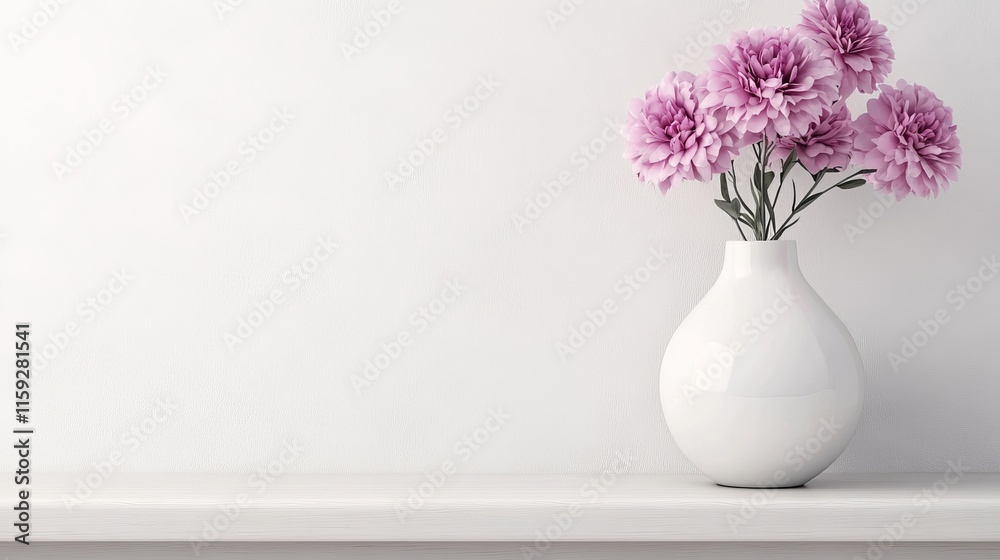 A simple white vase with pink flower on a minimalistic shelf against a white wall. A simple white vase with pink flower on a minimalistic shelf against a white wall.