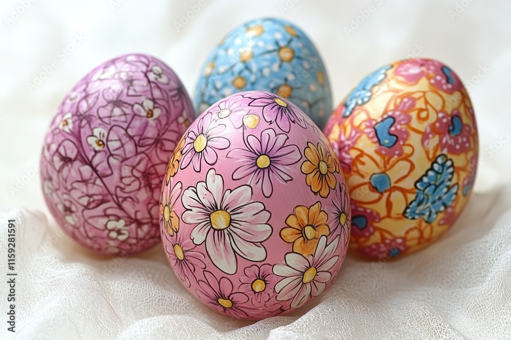 Three decorated Easter eggs sit on a white cloth, ready for display or gift-giving Three decorated Easter eggs sit on a white cloth, ready for display or gift-giving