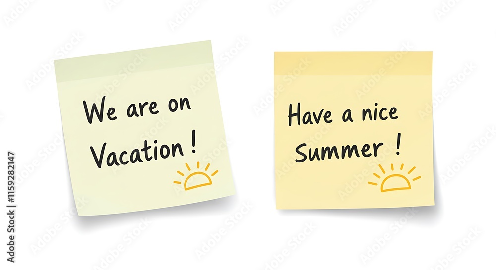 Handwritten messages on sticky notes with happy sun icon. We are on vacation! Have a nice summer!
Handwritten messages on sticky notes with happy sun icon. We are on vacation! Have a nice summer!