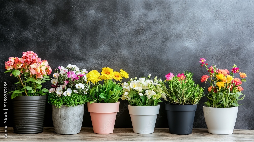 A vibrant display of potted flower arranged against a textured backdrop. A vibrant display of potted flower arranged against a textured backdrop.