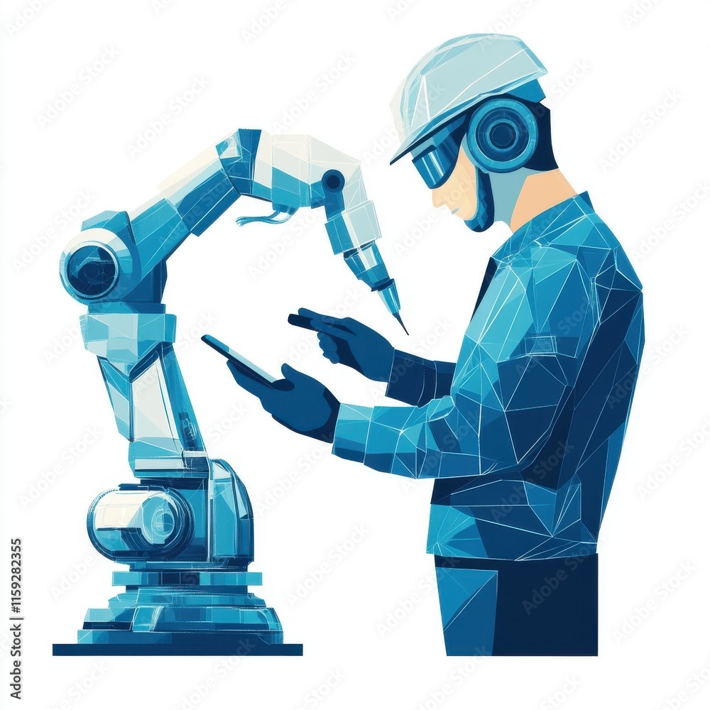 Naklejka premium A male worker in a hard hat collaborates with a robotic arm in a modern industrial setting.