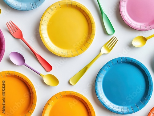 Colorful Disposable Plates and Cutlery Arranged on a White Background