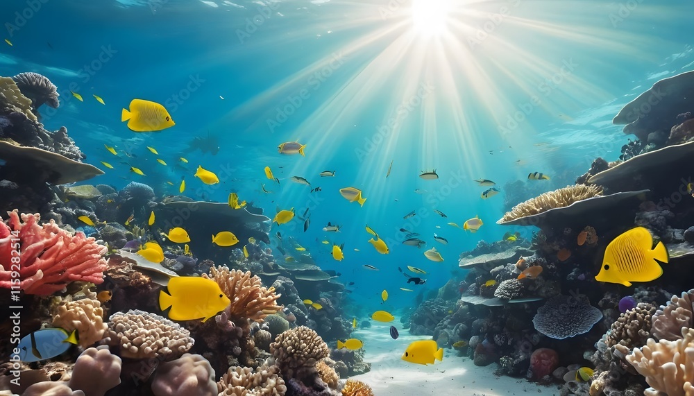 Naklejka premium Vibrant Underwater Paradise: Sunbeams Illuminate a Coral Reef Ecosystem