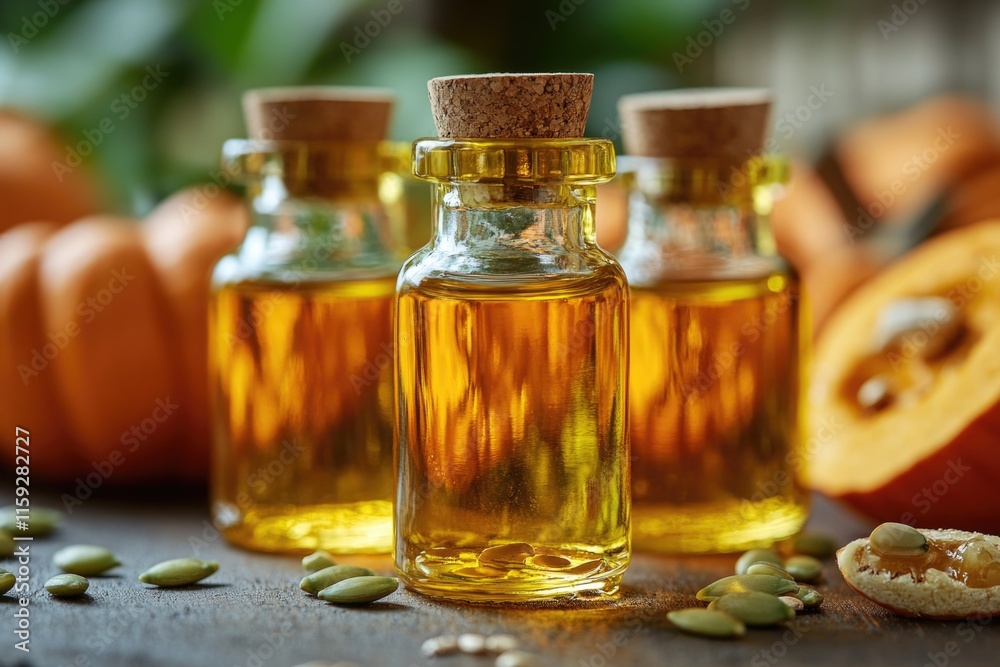 A close-up shot of a bottle of oil sitting next to pumpkins A close-up shot of a bottle of oil sitting next to pumpkins