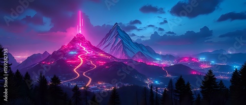 Neon-Lit Mountain Peak in Nature: Cyberpunk Cityscape