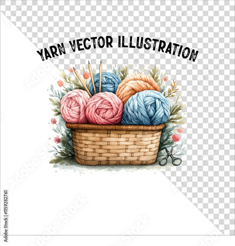 A clipart of knitting needles and yarn with basket. Skein of yarn with knitting needles