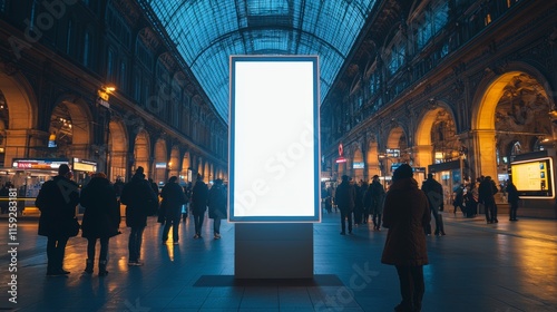 A glowing digital billboard is positioned in a crowded train station as numerous commuters travel through the station's grand arched architecture, underlining urban life. photo