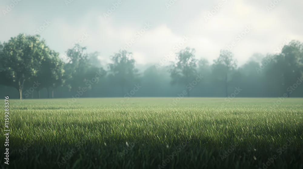 Fototapeta premium Mist Shrouded Meadow: A serene and ethereal landscape with a misty meadow bathed in soft morning light. The dense forest in the background provides a sense of mystery and tranquility.