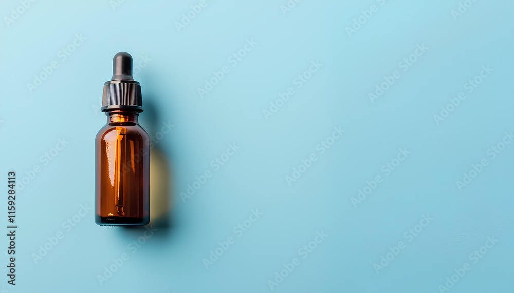 Sample of cosmetic serum on light blue background, top view. Space for text Sample of cosmetic serum on light blue background, top view. Space for text