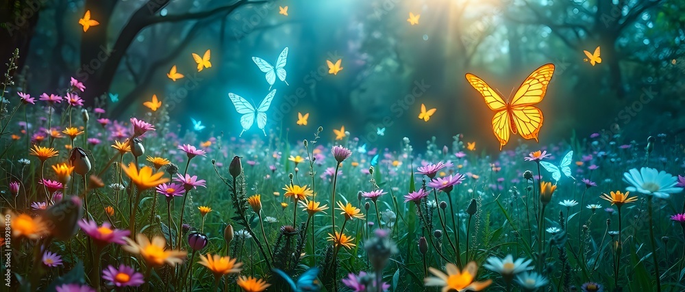 Magical Meadow with Ethereal Butterflies in Soft Light Magical Meadow with Ethereal Butterflies in Soft Light